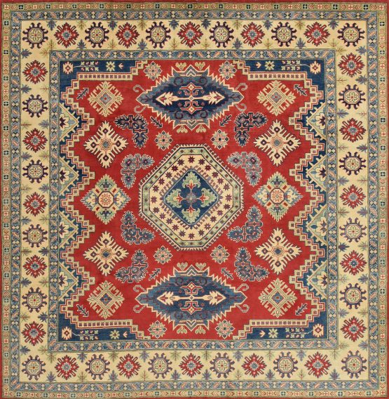 Kazak Rug 9'3'' x 9'5'' Red Wool Tribal Hand-Knotted Oriental Carpet