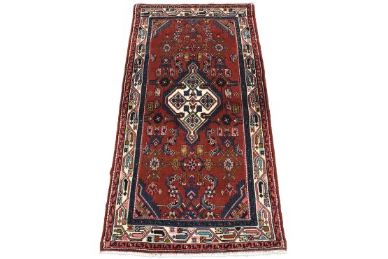 Hamedan Rug 2'8'' x 5'2'' Red Wool Vintage Tribal Hand-Knotted Oriental Carpet