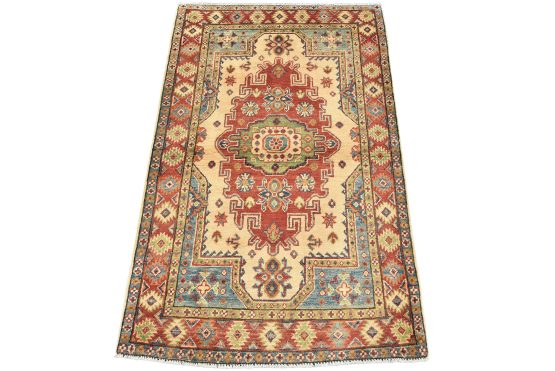 Kazak Rug 3'3'' x 5'2'' Beige Wool Tribal Hand-Knotted Oriental Carpet