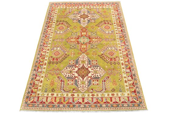 Kazak Rug 4'11'' x 6'8'' Green Wool Tribal Hand-Knotted Oriental Carpet