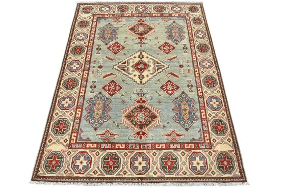 Kazak Rug 5' x 6'6'' Blue Wool Tribal Hand-Knotted Oriental Carpet
