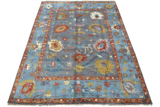 Oushak Rug 8' x 9'10'' Blue Wool Modern Hand-Knotted Oriental Carpet