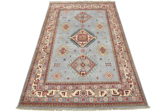 Kazak Rug 5'6'' x 7'9'' Blue Wool Tribal Hand-Knotted Oriental Carpet
