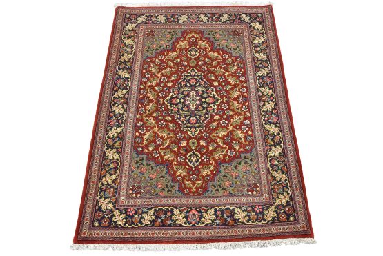 Fine Qom Rug 3'9'' x 5'2'' Red Wool Traditional Hand-Knotted Oriental Carpet