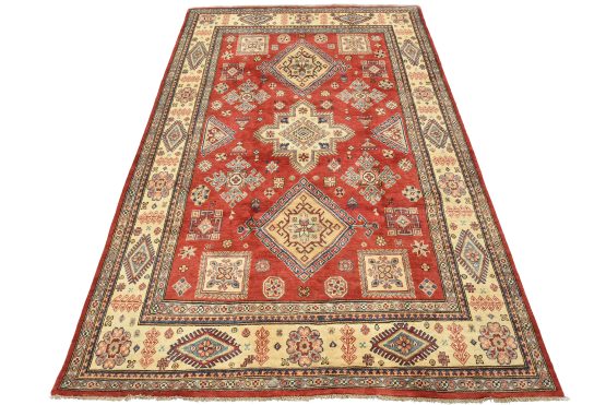 Kazak Rug 6'1'' x 8'10'' Red Wool Tribal Hand-Knotted Oriental Carpet