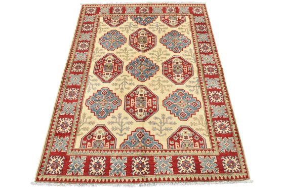 Kazak Rug 5' x 6'6'' Beige Wool Tribal Hand-Knotted Oriental Carpet