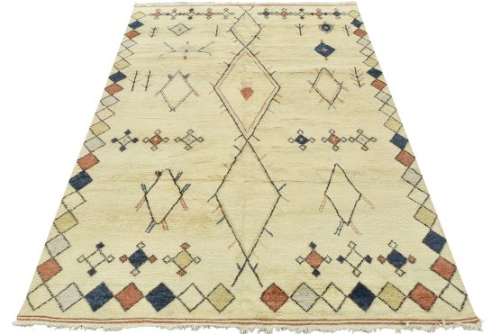 Moroccan Rug 10' x 13' Ivory Wool Geometric Hand-Knotted Carpet