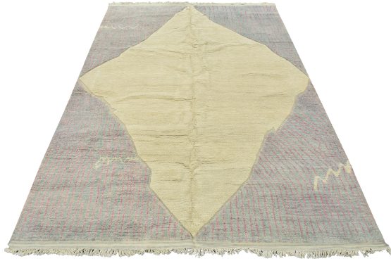 Moroccan Rug 9'2'' x 12'2'' Ivory Wool Contemporary Hand-Knotted Carpet