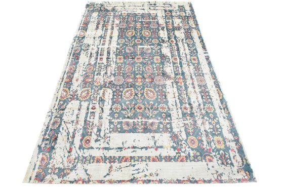 Modern Oriental Rug 5'11'' x 9'1'' Printed Blue Viscose Hand-Loomed Carpet