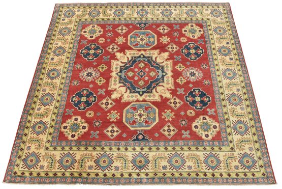 Kazak Rug 9'4'' x 9'1'' Red Wool Tribal Hand-Knotted Oriental Carpet