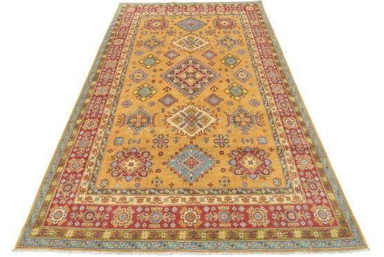 Kazak Rug 6'6'' x 9'11'' Gold Wool Tribal Hand-Knotted Oriental Carpet