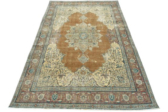 Tabriz Rug 7'11'' x 11'1'' Brown Wool Vintage Distressed Hand-Knotted Carpet
