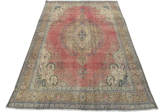Tabriz Rug 9'5'' x 12'11'' Pink Wool Vintage Distressed Hand-Knotted Carpet