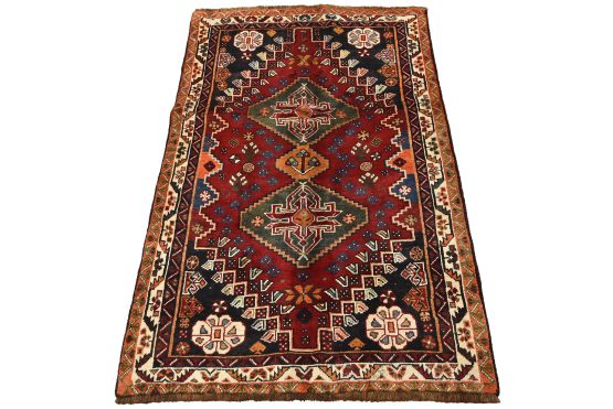 Qashqai Rug 3'6'' x 5'5'' Red Wool Vintage Tribal Hand-Knotted Oriental Carpet