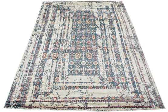 Modern Oriental Rug 8'2'' x 9'11'' Printed Blue Viscose Hand-Loomed Carpet
