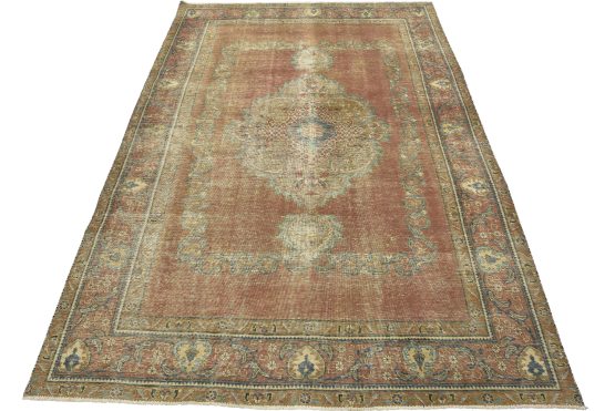 Tabriz Rug 7'10'' x 10'11'' Red Wool Vintage Distressed Hand-Knotted Carpet