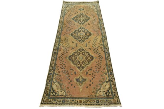 Tabriz Runner 3'4'' x 8'6'' Pink Wool Vintage Distressed Hand-Knotted Rug