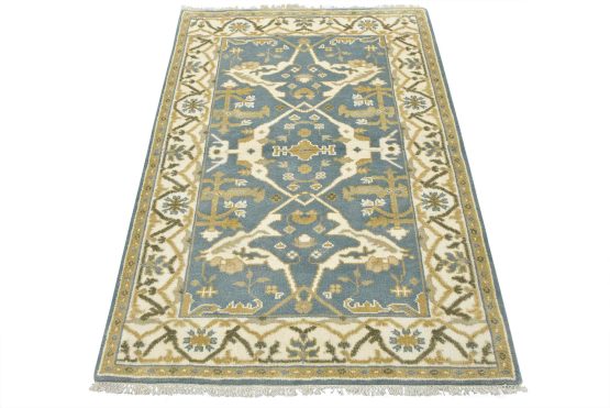Oushak Rug 4'2'' x 6' Blue Wool Tribal Hand-Knotted Oriental Carpet
