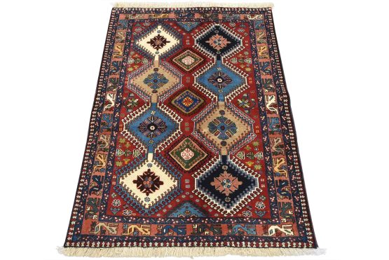 Yalameh Rug 3'7'' x 4'11'' Red Wool Vintage Tribal Hand-Knotted Oriental Carpet