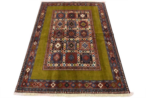 Yalameh Rug 4'11'' x 6'6'' Green Wool Vintage Tribal Hand-Knotted Carpet