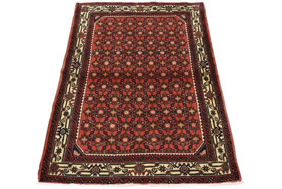 Hamedan Rug 3'6'' x 4'8'' Red Wool Vintage Tribal Hand-Knotted Oriental Carpet