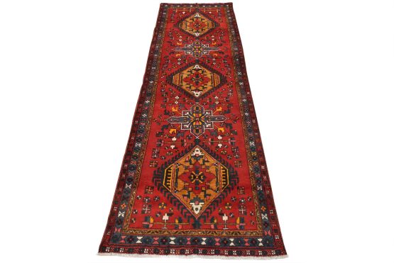 Karajeh Runner 3'7'' x 10'5'' Red Wool Semi-Antique Tribal Hand-Knotted Rug