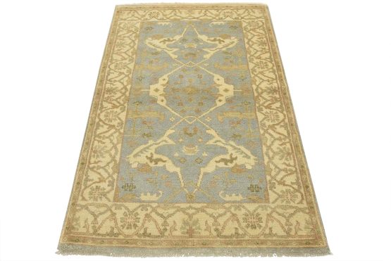 Oushak Rug 4'1'' x 6'3'' Blue Wool Tribal Hand-Knotted Oriental Carpet