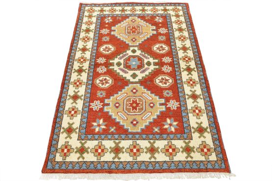 Kazak Rug 4'3'' x 6'3'' Orange Wool Tribal Hand-Knotted Oriental Carpet