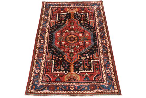 Zanjan Rug 3'7'' x 5'2'' Blue Wool Vintage Tribal Hand-Knotted Oriental Carpet