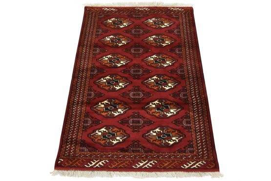 Turkmen Rug 3'4'' x 4'10'' Red Wool Vintage Tribal Hand-Knotted Oriental Carpet
