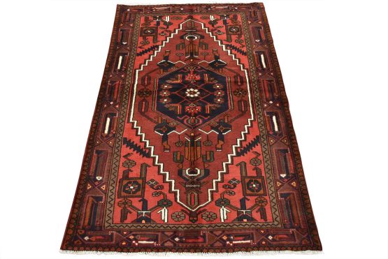 Hamedan Rug 4'2'' x 6'4'' Red Wool Vintage Tribal Hand-Knotted Oriental Carpet