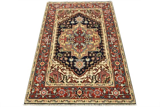 Heriz Rug 4'1'' x 5'11'' Blue Wool Tribal Hand-Knotted Oriental Carpet