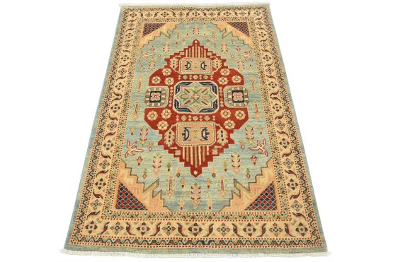 Kazak Rug 4' x 5'11'' Blue Wool Tribal Hand-Knotted Oriental Carpet