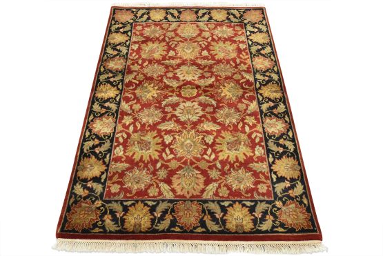 Agra Rug 4'1'' x 6' Red Wool Traditional Hand-Knotted Oriental Carpet