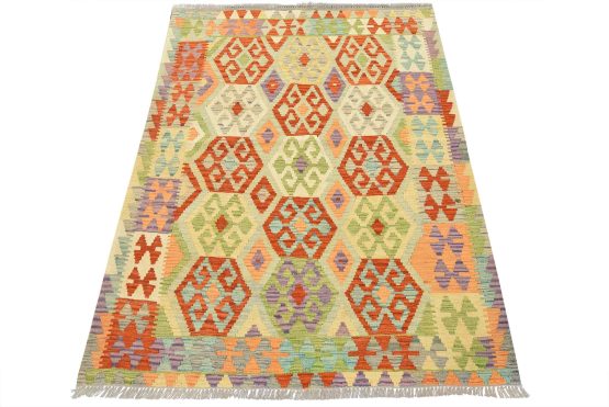 Kilim Rug 4'3'' x 5'6'' Multicolor Wool Tribal Handwoven Oriental Carpet