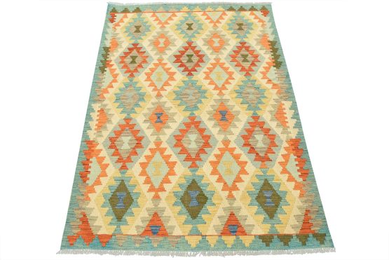 Kilim Rug 4'2'' x 5'9'' Ivory Wool Tribal Handwoven Oriental Carpet