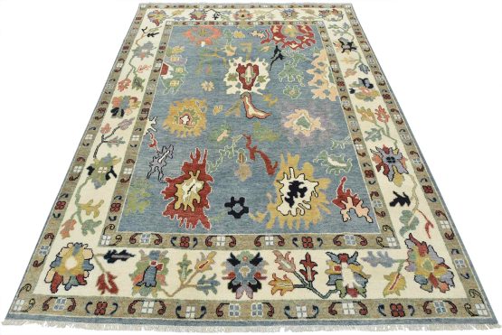 Oushak Rug 9' x 11'11'' Blue Wool Traditional Hand-Knotted Oriental Carpet