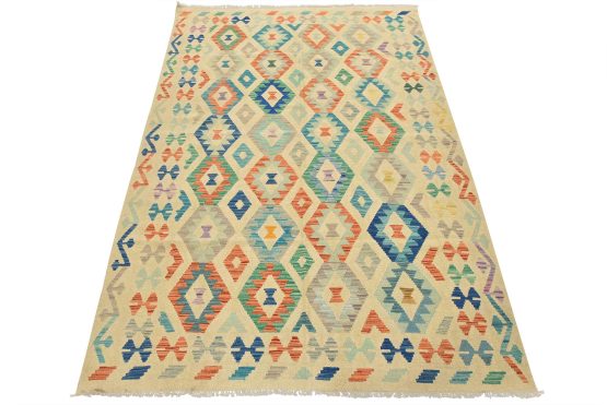 Kilim Rug 6'5'' x 9'7'' Beige Wool Tribal Handwoven Oriental Carpet