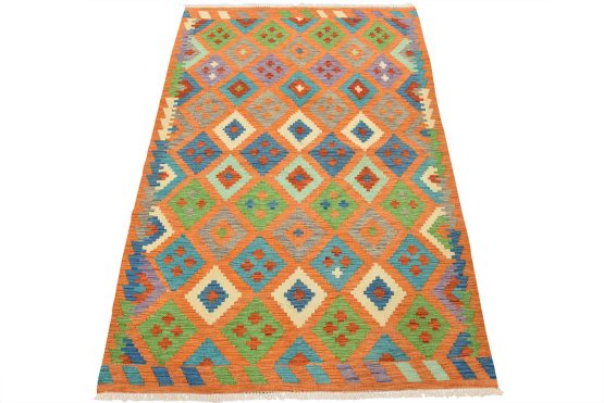 Kilim Rug 4' x 6' Orange Wool Tribal Handwoven Oriental Carpet