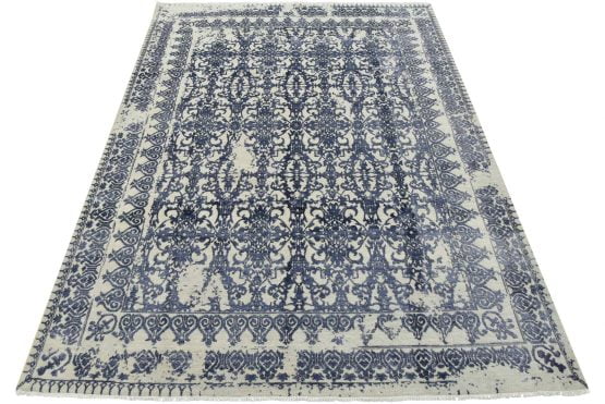 Modern Rug 8'1'' x 10'5'' Gray Blue Wool/ Viscose Hand-Knotted Oriental Carpet