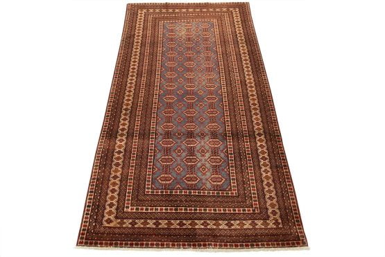 Baloch Rug 4'1'' x 7'5'' Blue Wool Vintage Tribal Hand-Knotted Oriental Carpet