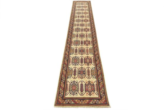 Kazak Runner 2'8'' x 13'5'' Beige Wool Tribal Hand-Knotted Oriental Rug