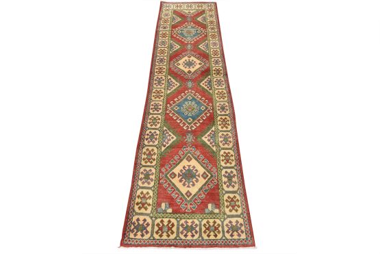 Kazak Runner 2'7'' x 9'8'' Red Wool Tribal Hand-Knotted Oriental Rug