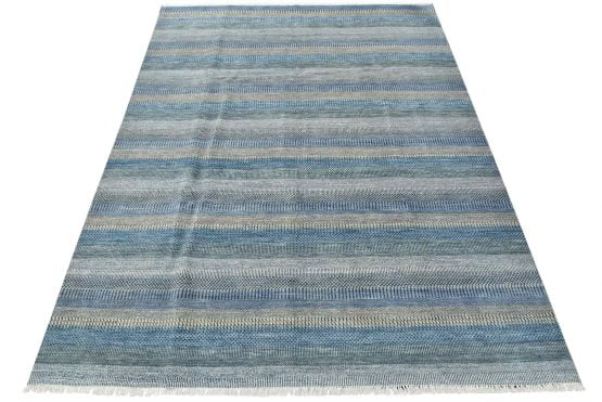 Fine Contemporary Rug 8' x 10'3'' Blue Beige Wool Hand-Knotted Carpet