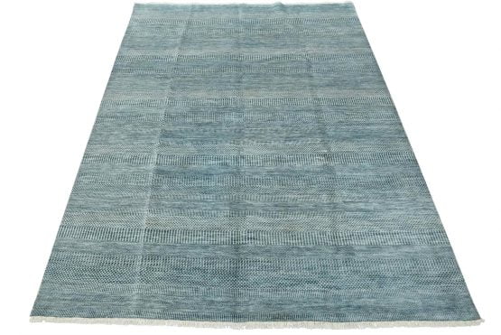 Fine Contemporary Rug 7'10'' x 10'3'' Blue Ivory Wool Hand-Knotted Carpet