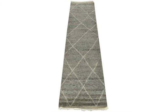 Moroccan Runner 2'7'' x 10'3'' Gray Wool Contemporary Hand-Knotted Rug