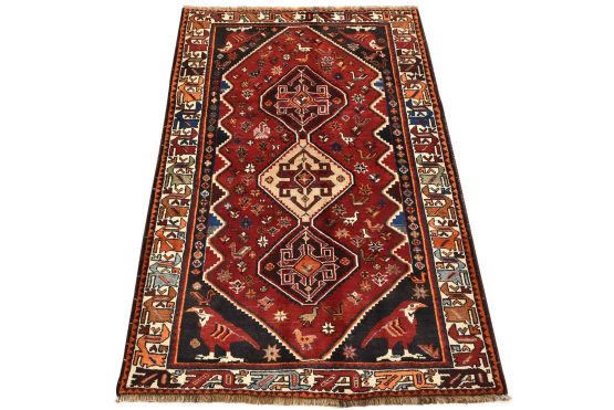 Qashqai Rug 3'9'' x 5'6'' Red Wool Vintage Tribal Hand-Knotted Oriental Carpet