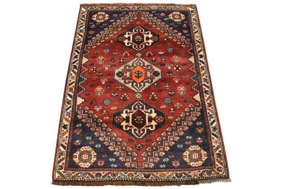 Qashqai Rug 3'4'' x 4'10'' Red Wool Vintage Tribal Hand-Knotted Oriental Carpet