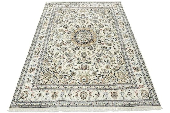 Fine Nain Rug 7'10'' x 10'2'' Ivory Wool Traditional Hand-Knotted Carpet