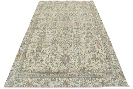 Tabriz Rug 8'8'' x 12'4'' Ivory Wool Vintage Distressed Hand-Knotted Carpet